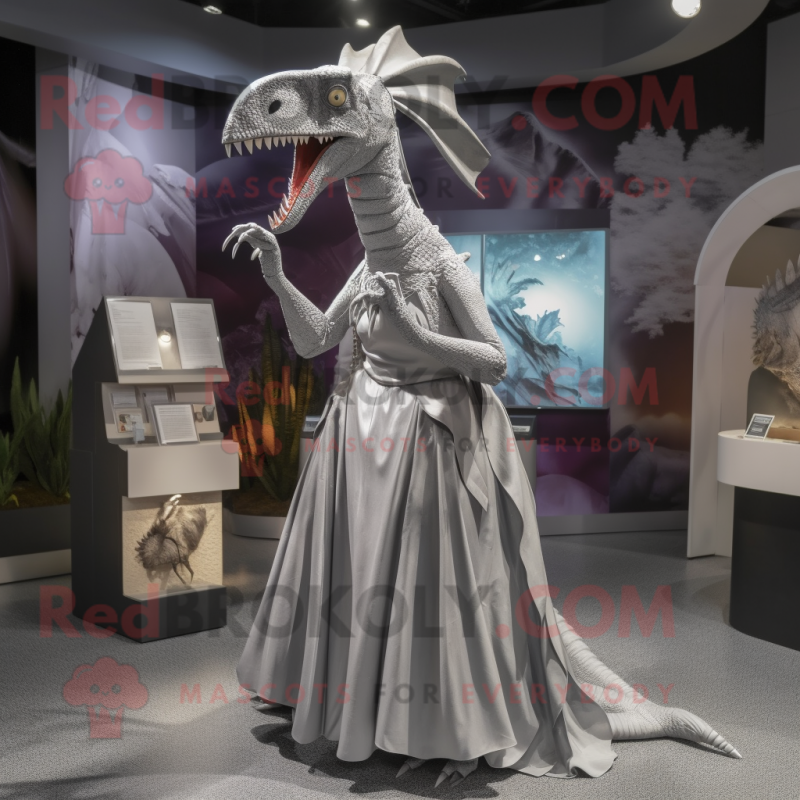 Silver Dimorphodon mascot costume character dressed with a Maxi Skirt and Hairpins Silver Dimorphodon mascot costume character dressed with a Maxi Skirt and Hairpins