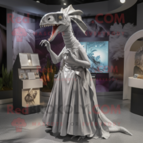 Silver Dimorphodon mascot costume character dressed with a Maxi Skirt and Hairpins