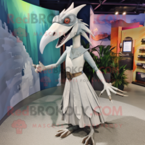 Silver Dimorphodon mascot costume character dressed with a Maxi Skirt and Hairpins