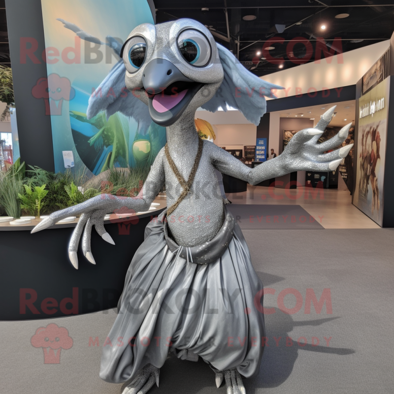 Silver Dimorphodon mascot costume character dressed with a Maxi Skirt and Hairpins Silver Dimorphodon mascot costume character dressed with a Maxi Skirt and Hairpins