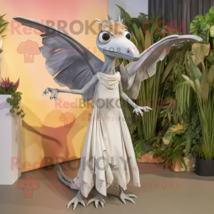 Silver Dimorphodon mascot costume character dressed with a Maxi Skirt and Hairpins