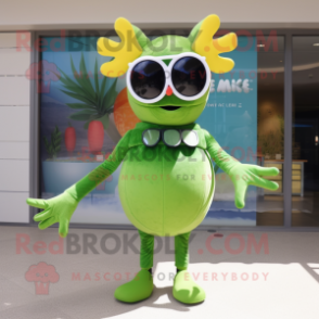 Olive Shrimp Scampi mascot costume character dressed with a One-Piece Swimsuit and Sunglasses