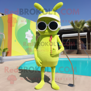 Olive Shrimp Scampi mascot costume character dressed with a One-Piece Swimsuit and Sunglasses