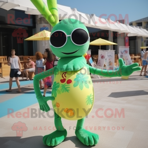 Olive Shrimp Scampi mascot costume character dressed with a One-Piece Swimsuit and Sunglasses