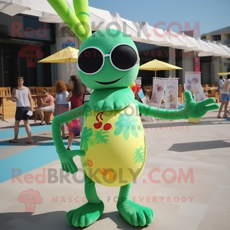 Olive Shrimp Scampi mascot costume character dressed with a One-Piece Swimsuit and Sunglasses Olive Shrimp Scampi mascot costume character dressed with a One-Piece Swimsuit and Sunglasses