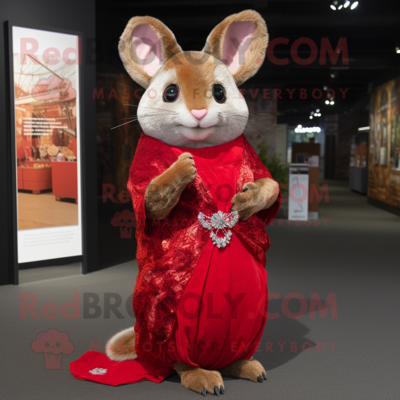 Red Chinchilla mascot costume character dressed with a Wrap Dress and Clutch bags Red Chinchilla mascot costume character dressed with a Wrap Dress and Clutch bags