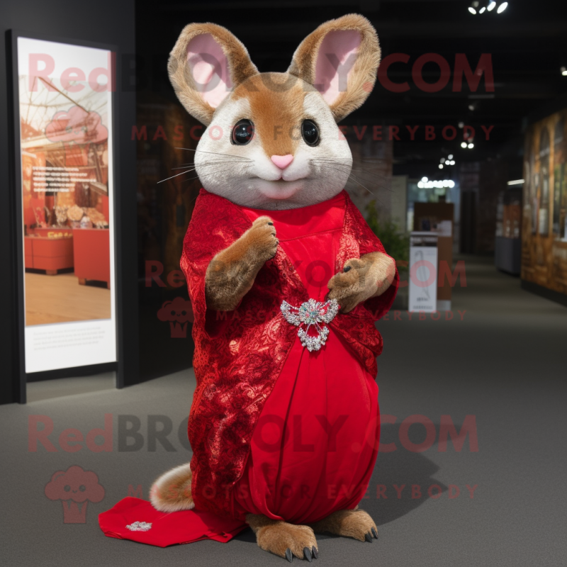 Red Chinchilla mascot costume character dressed with a Wrap Dress and Clutch bags