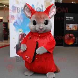Red Chinchilla mascot costume character dressed with a Wrap Dress and Clutch bags