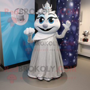 Silver Engagement Ring mascot costume character dressed with a Maxi Skirt and Mittens