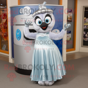 Silver Engagement Ring mascot costume character dressed with a Maxi Skirt and Mittens