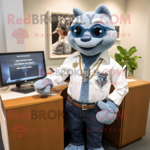 White Attorney mascot costume character dressed with a Denim Shirt and Necklaces