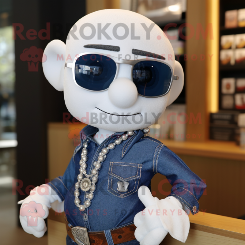 White Attorney mascot costume character dressed with a Denim Shirt and Necklaces