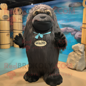 Black Walrus mascot costume character dressed with a Button-Up Shirt and Headbands