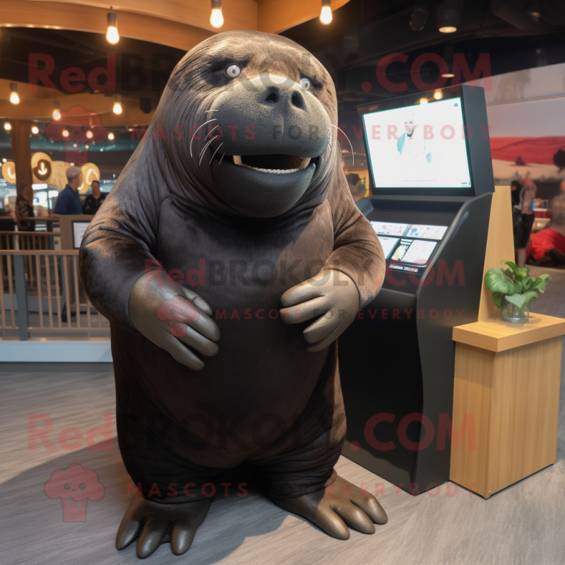 Black Walrus mascot costume character dressed with a Button-Up Shirt and Headbands Black Walrus mascot costume character dressed with a Button-Up Shirt and Headbands