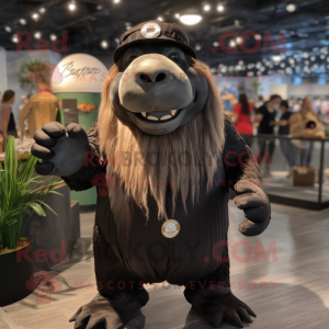 Black Walrus mascot costume character dressed with a Button-Up Shirt and Headbands
