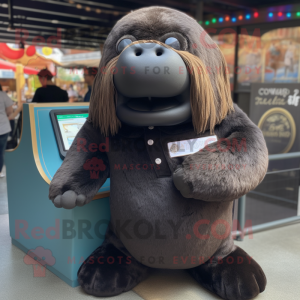 Black Walrus mascot costume character dressed with a Button-Up Shirt and Headbands