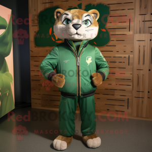 Green Puma mascot costume character dressed with a Bomber Jacket and Ties