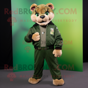 Green Puma mascot costume character dressed with a Bomber Jacket and Ties