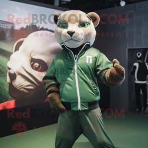 Green Puma mascot costume character dressed with a Bomber Jacket and Ties