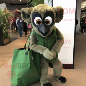 Forest Green Lemur mascot costume character dressed with a Corduroy Pants and Tote bags