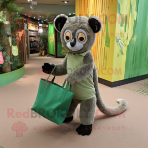 Forest Green Lemur mascot costume character dressed with a Corduroy Pants and Tote bags