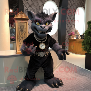 Black Gargoyle mascot costume character dressed with a Corduroy Pants and Bracelet watches
