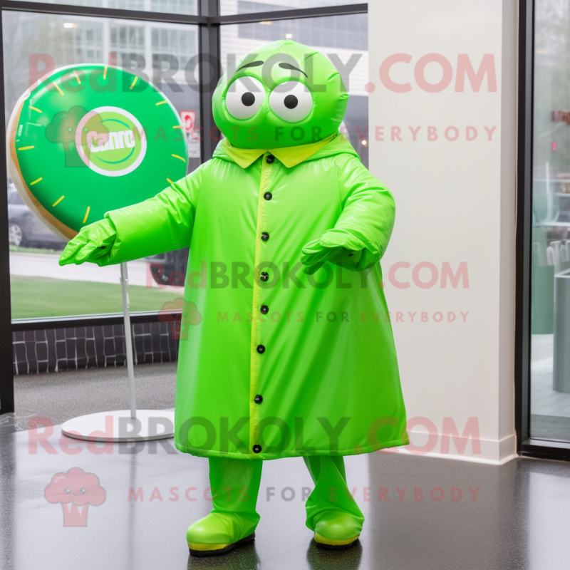 Lime Green Donut mascot costume character dressed with a Raincoat and Cufflinks Lime Green Donut mascot costume character dressed with a Raincoat and Cufflinks