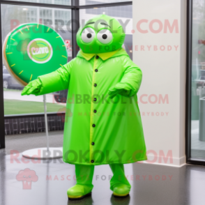 Lime Green Donut mascot costume character dressed with a Raincoat and Cufflinks