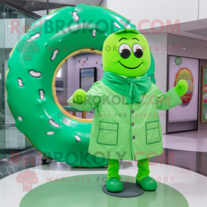 Lime Green Donut mascot costume character dressed with a Raincoat and Cufflinks