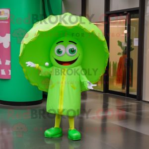 Lime Green Donut mascot costume character dressed with a Raincoat and Cufflinks