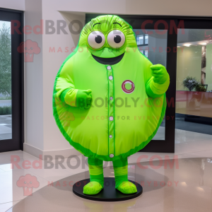 Lime Green Donut mascot costume character dressed with a Raincoat and Cufflinks