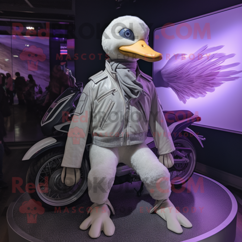 Lavender Goose mascot costume character dressed with a Moto Jacket and Anklets