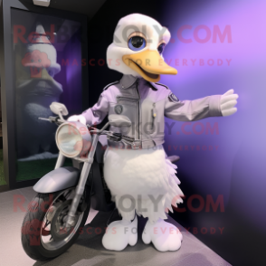 Lavender Goose mascot costume character dressed with a Moto Jacket and Anklets