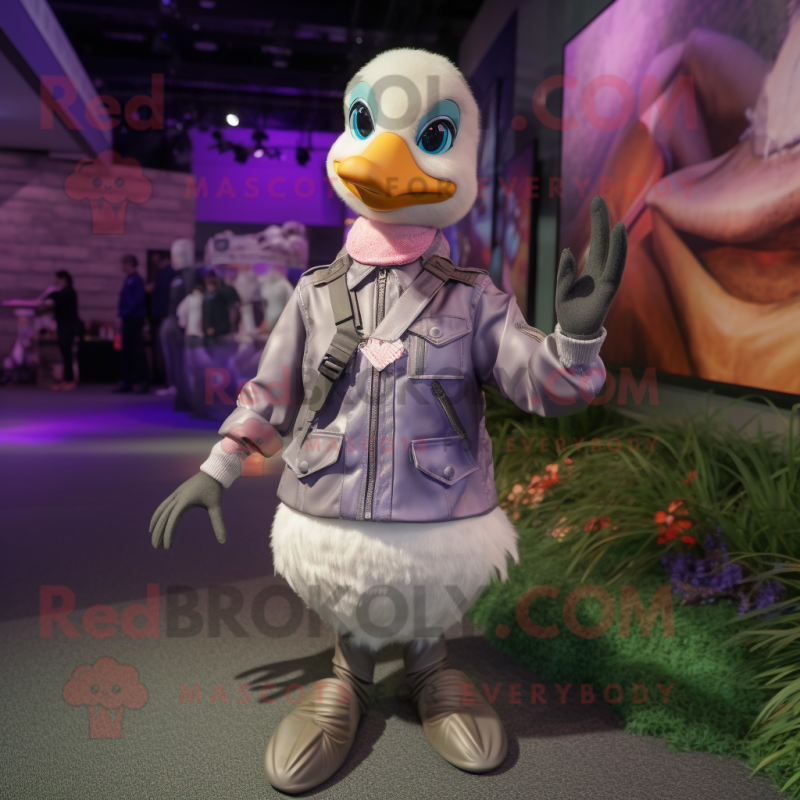 Lavender Goose mascot costume character dressed with a Moto Jacket and Anklets Lavender Goose mascot costume character dressed with a Moto Jacket and Anklets
