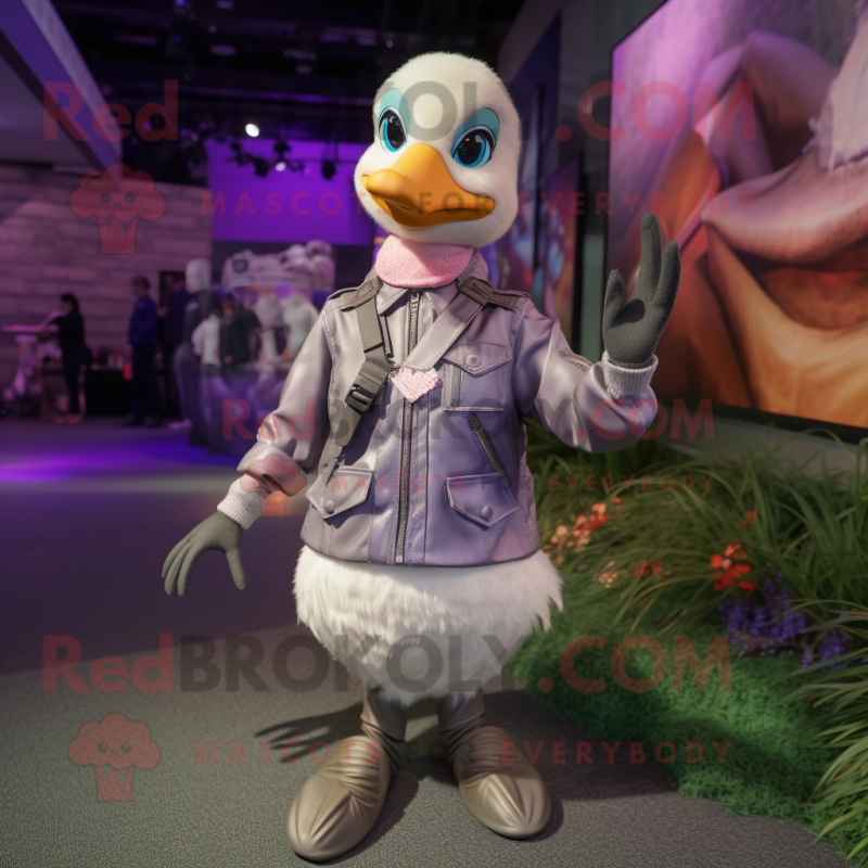 Lavender Goose mascot costume character dressed with a Moto Jacket and Anklets