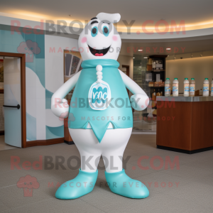 Teal Bottle Of Milk mascot costume character dressed with a V-Neck Tee and Tie pins