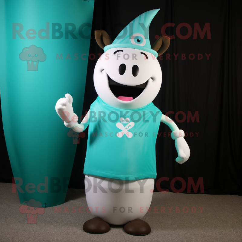 Teal Bottle Of Milk mascot costume character dressed with a V-Neck Tee and Tie pins