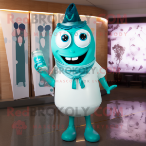 Teal Bottle Of Milk mascot costume character dressed with a V-Neck Tee and Tie pins