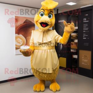 Gold Butter Chicken mascot costume character dressed with a Playsuit and Clutch bags