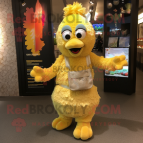 Gold Butter Chicken mascot costume character dressed with a Playsuit and Clutch bags