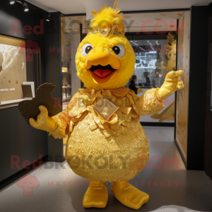 Gold Butter Chicken mascot costume character dressed with a Playsuit and Clutch bags