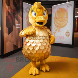 Gold Butter Chicken mascot costume character dressed with a Playsuit and Clutch bags