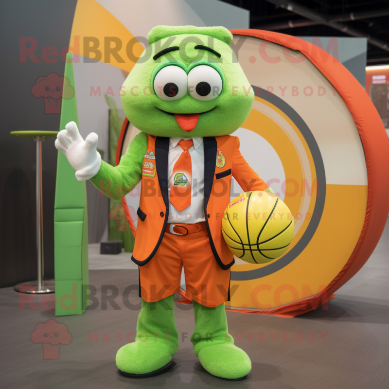 Lime Green Orange mascot costume character dressed with a Blazer and Rings