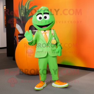 Lime Green Orange mascot costume character dressed with a Blazer and Rings