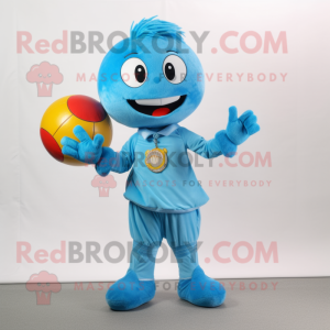 Sky Blue Juggle mascot costume character dressed with a Corduroy Pants and Keychains