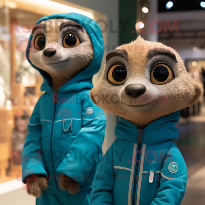 Teal Meerkat mascot costume character dressed with a Windbreaker and Watches Teal Meerkat mascot costume character dressed with a Windbreaker and Watches