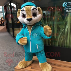 Teal Meerkat mascot costume character dressed with a Windbreaker and Watches