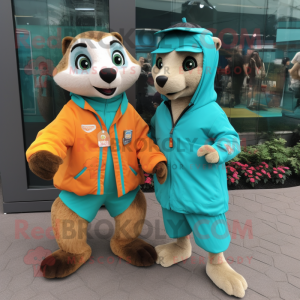 Teal Meerkat mascot costume character dressed with a Windbreaker and Watches