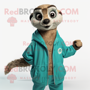 Teal Meerkat mascot costume character dressed with a Windbreaker and Watches