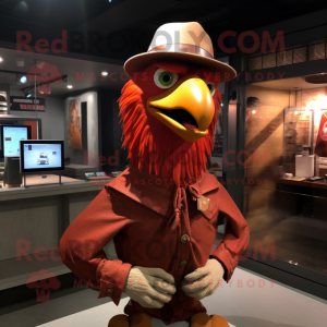 Rust Rooster mascot costume character dressed with a Turtleneck and Hats